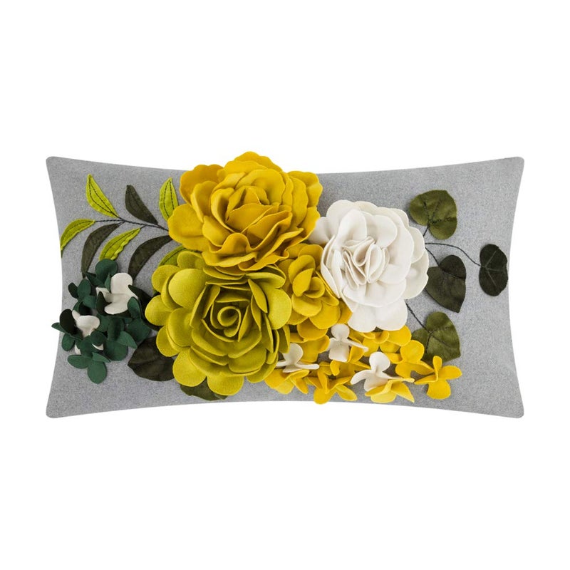 JWH Decorative 3D Flower Throw Pillow Cover Aesthetic Floral Accent Pillow Cases Colorful Pillowcase Handmade Cushion for Farmhouse Living Room Sofa Couch Chair 12x20 Inches Gray Yellow - Image 1